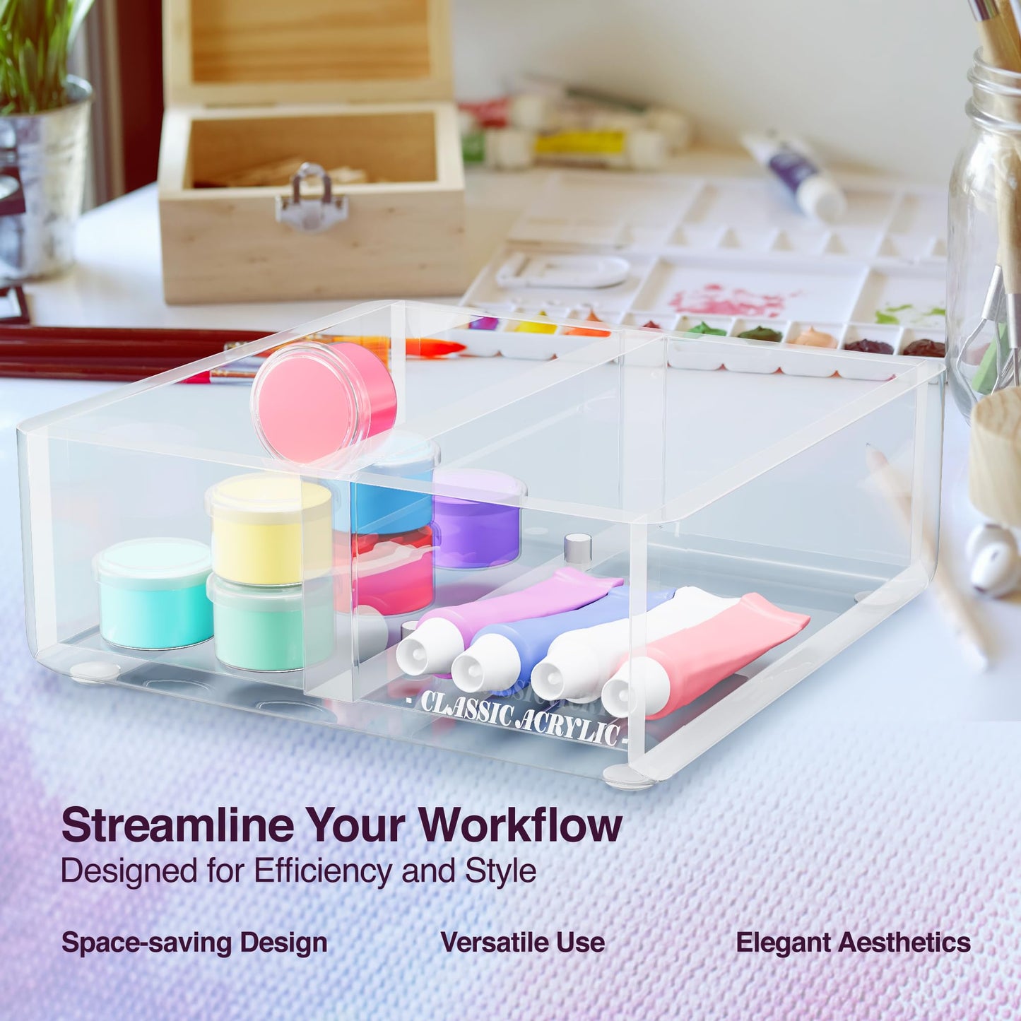 CLASSIC ACRYLIC Paper Clip Holder w/ Adjustable Compartment includes Premium Gift Box. Great Gift for Christmas. Durable & Stylish Desk Organizer for Office Supplies & Sticky Note/Post it Note Holder.