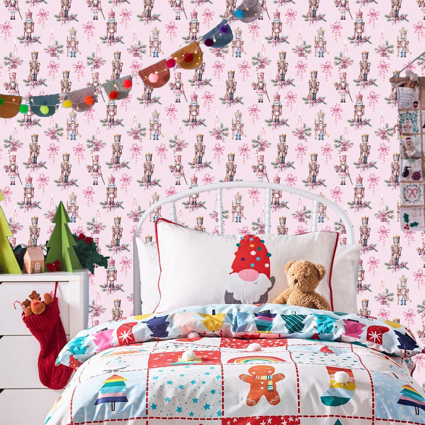 IARTTOP Pink Nutcrackers Wallpaper Peel and Stick Christmas Party Pink Contact Paper for Cabinets and Drawers Christmas Nutcracker Wallpaper Self-Adhesive for Xmas Holiday Home Decor(17.3"X118.1")