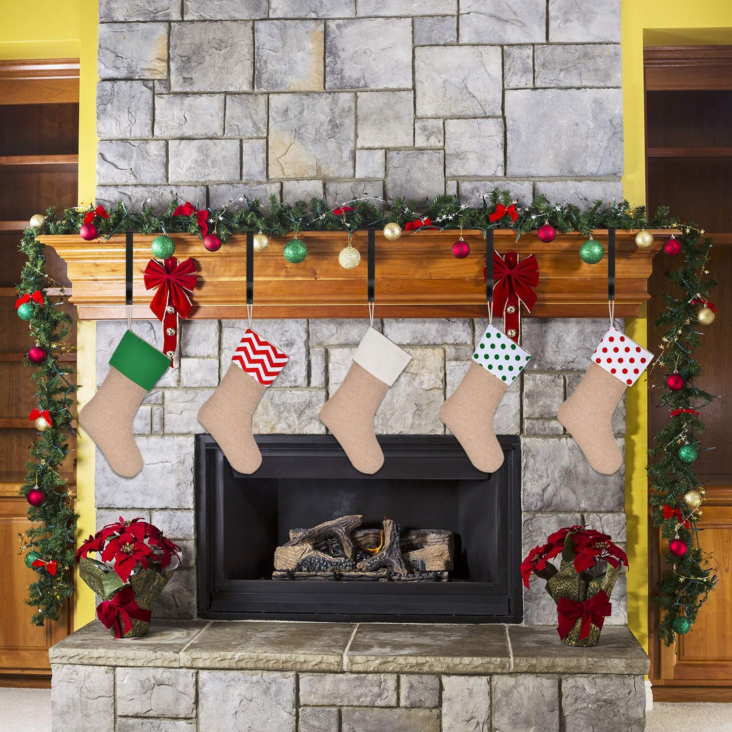 Sunshane Christmas Stocking Holders Metal Mantel Stocking Hanger Hooks Fireplace Hang Grips for Christmas Party Decorations (Black, 5)
