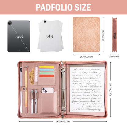 Calfinder Padfolio for Women,Embossed Leather 3 Ring Portfolio Binder,Business Portfolio Organizer with Tablet/Documents Holder,Leather Pink Padfolio Binder for Interview/Office,Valentine's Day Gift