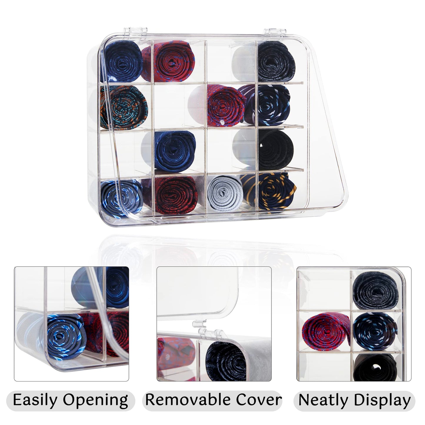 HUHYNN Tie Rack Organizer, Clear Tie Organizer Box, Acrylic Tie Display Rack for 16 Ties Storage, Tie Box Organizer for Men Tie Holder (Transparent)