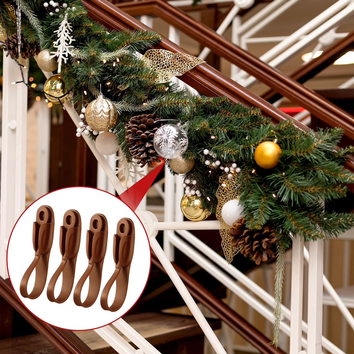 Relaxweex 24 Pcs Garland Hanger for Mantle No Drill Garland Hangers Hooks Wreath Ties Fireplace Stocking Holder Stretchable Silicone Adhesive Straps for Door Frame Stairways (Brown)