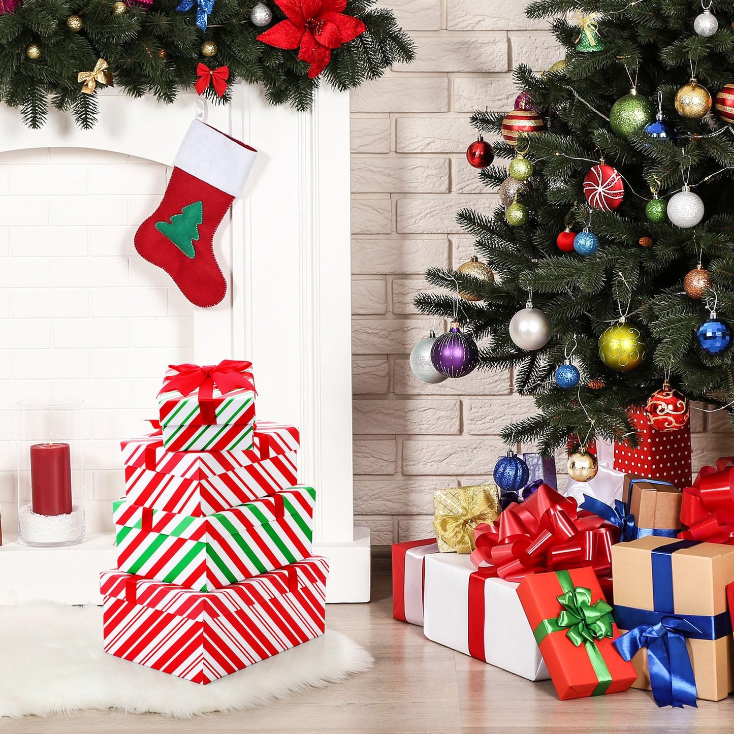 Zhanmai 4 Pcs Christmas Nesting Gift Boxes Christmas Hard Stackable Boxes with Lids Decorative Xmas Nested Present Boxes for Birthday Party Gift Supplies (Red, White, Green, Striped)
