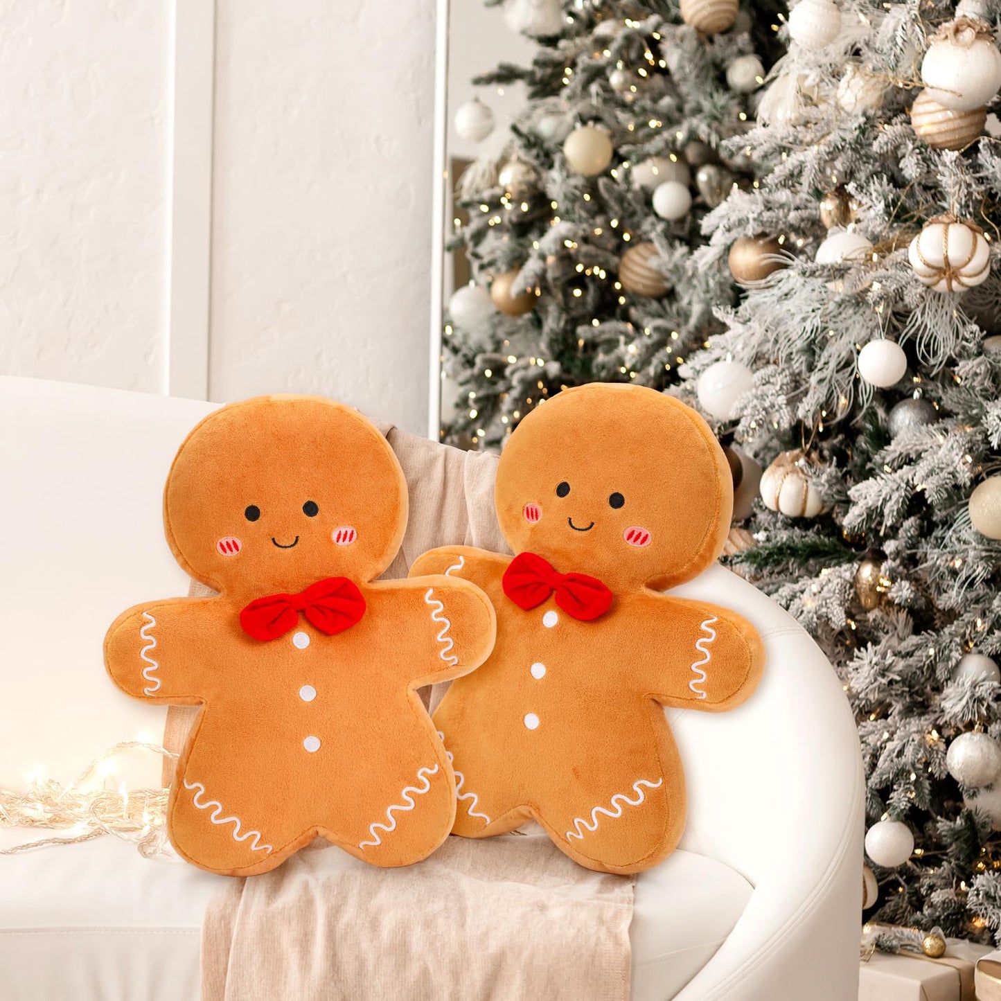 Whaline Christmas Gingerbread Throw Pillows 15.7 in Decorative Cute Stuffed Gingerbread Man Shaped Pillows for Xmas Party Home Couch Cushion, Set of 2