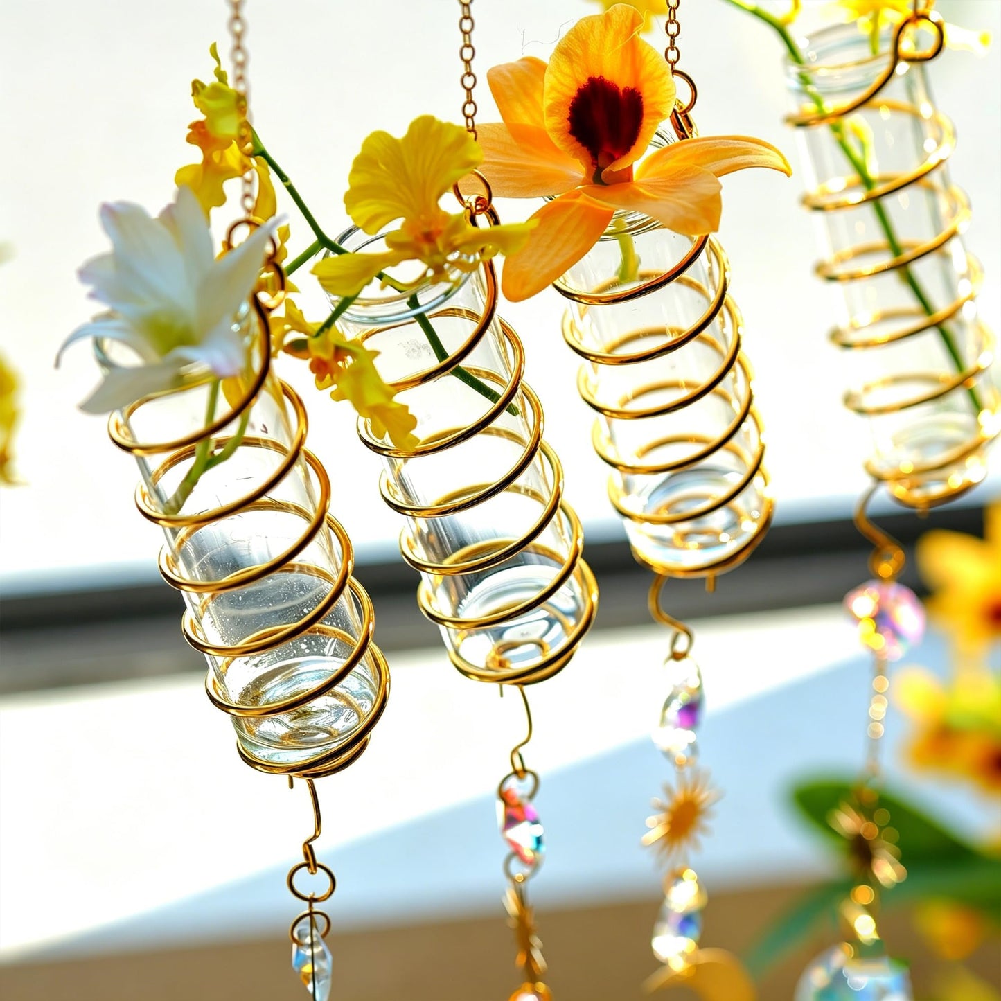 HDCRYSTALGIFTS 3pcs Crystal Suncatchers with Plant Propagation Tubes for Window Wall Hanging, Mini Flower Vase Glass Planter Stations for Hydroponics Home Garden Office Decoration Plant Lover Gift