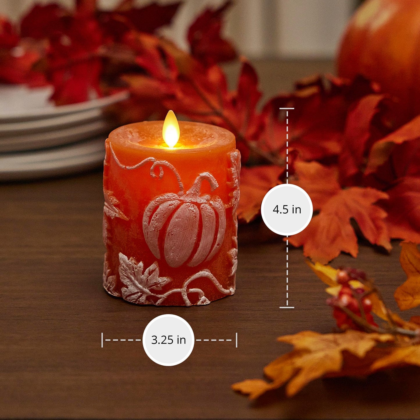 Luminara Embossed Leaves and Pumpkins Moving Flame Pillar Candle 3.25" x 4.5" with Recessed Edge Unscented Real Wax LED Battery Operated Candle Lights