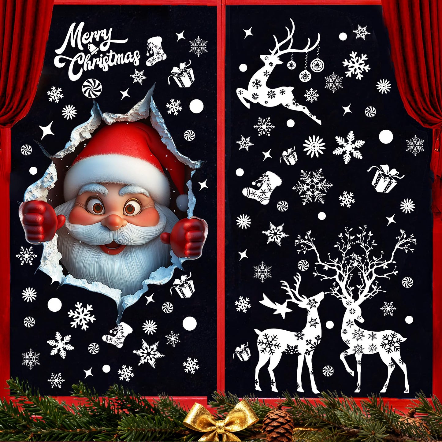 178Pcs Large Christmas Window Clings for Glass, Xmas Snowflake Cling Winter Stickers Reusable Double-Sided Outdoor Window Christmas Decoration for Santa Claus Reindeer Peppermint Decals Holiday Decor