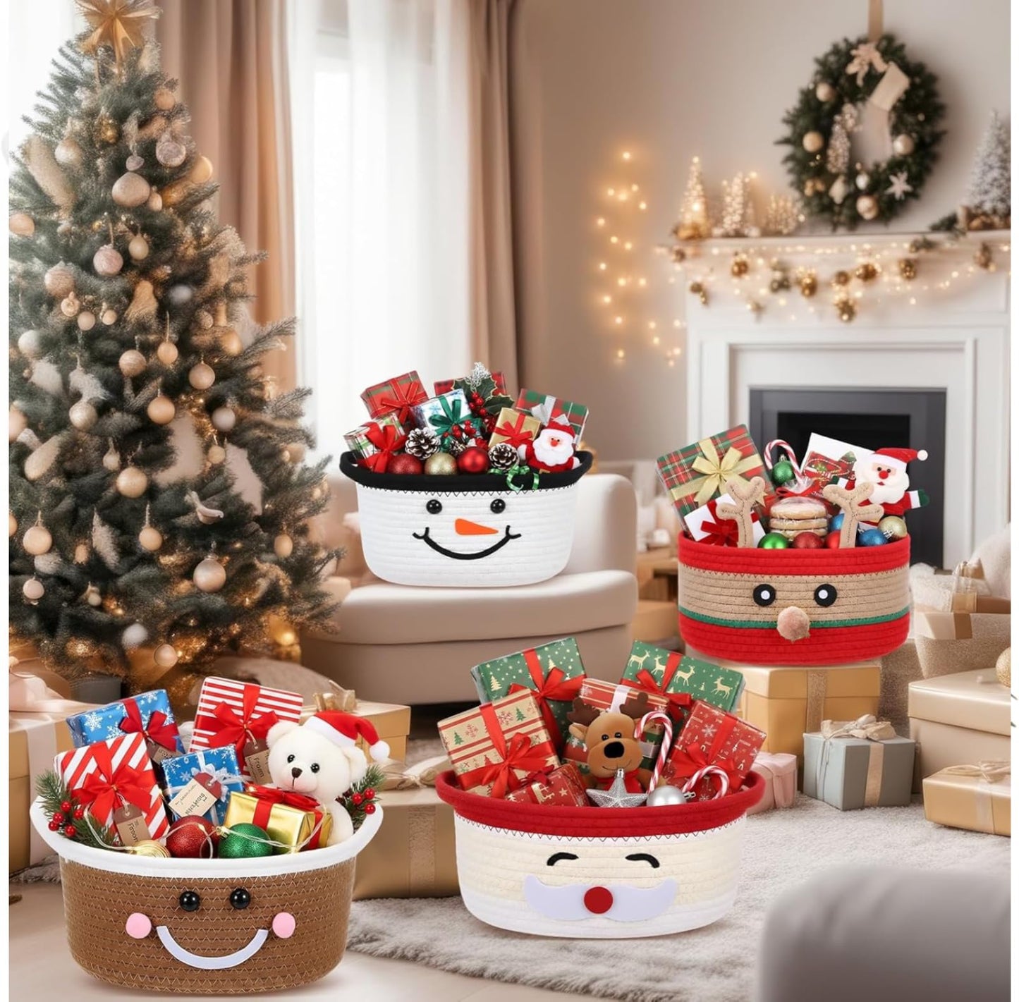 Zopeal 4 Pcs Christmas Woven Basket with Gift Bag, Ribbon Empty Basket Deer Storage Bin Holiday Decorative for Xmas Gifts, 12 x 8 x 5 Inch