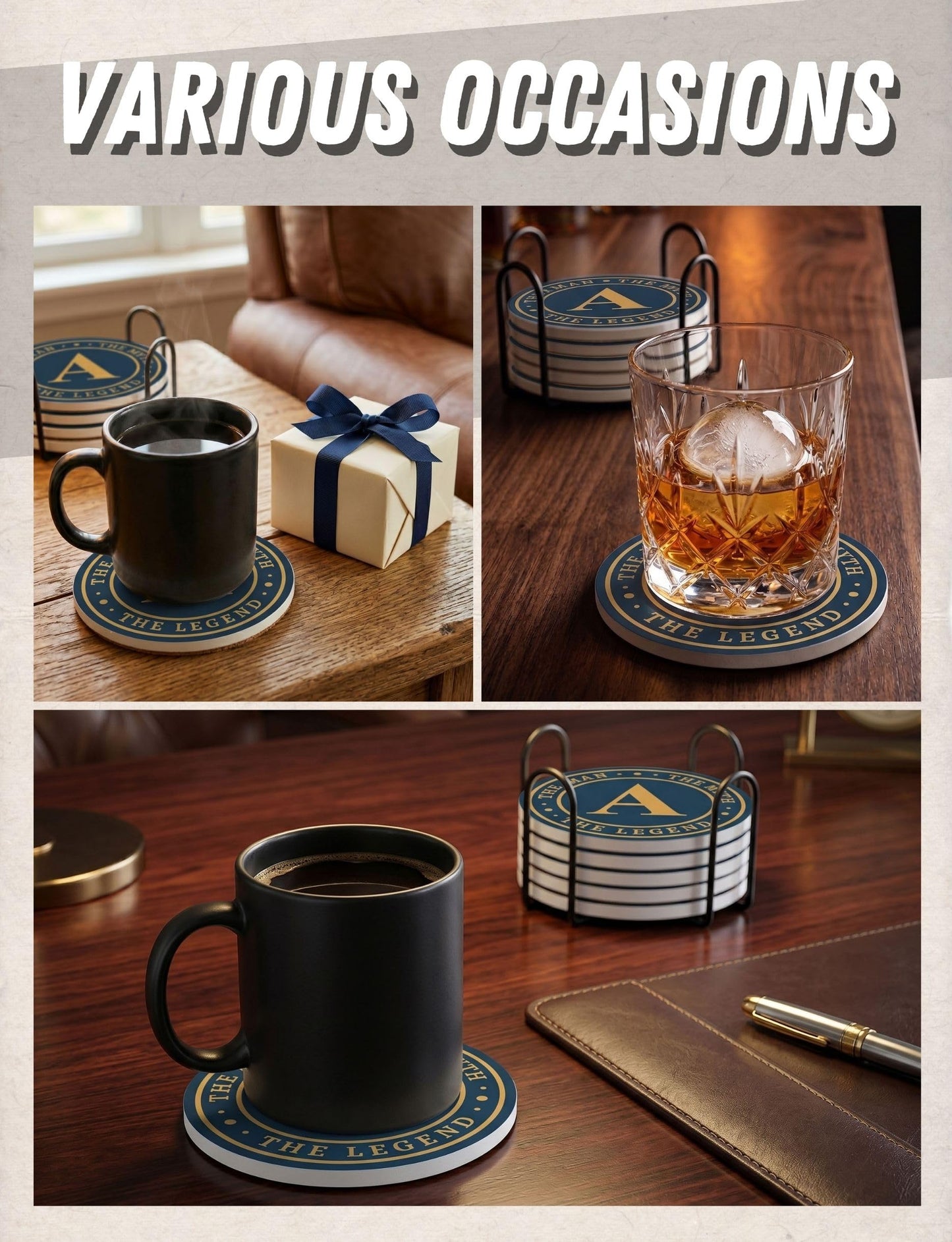 Onebttl Monogram Initial Gifts for Men - The Man The Myth The Legend Ceramic Coaster Set of 6 - with Holder and Absorbent Cork Base - C