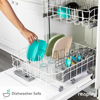 Re-Play Toddler Plates with Dividers - Deep-Walled 3 Compartments Divided Plates for Kids - Dishwasher & Microwave Safe - Made in USA - Set of 3-7.37" x 7.37" x 1.25" - Beach Baby