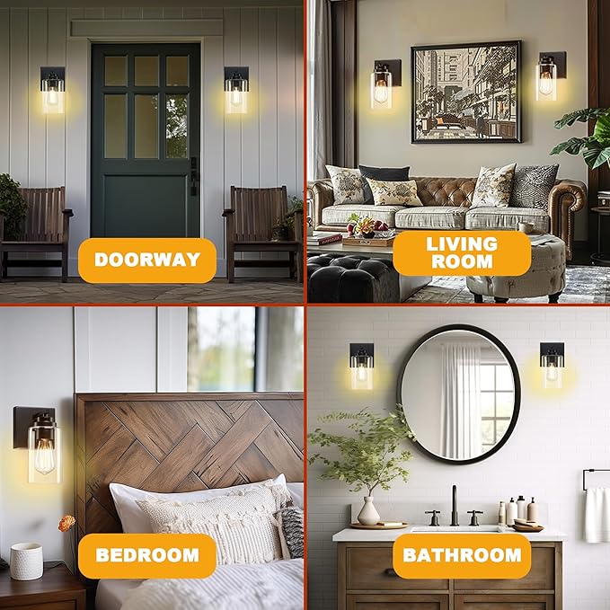 Wall Sconces Set of Two, Wall Mounted Bedside Lamps with Rotary Switch, Matte Black Sconces Wall Lighting, Bathroom Light Fixtures with Clear Glass Shade, Wall Lights for Bedroom Living Room