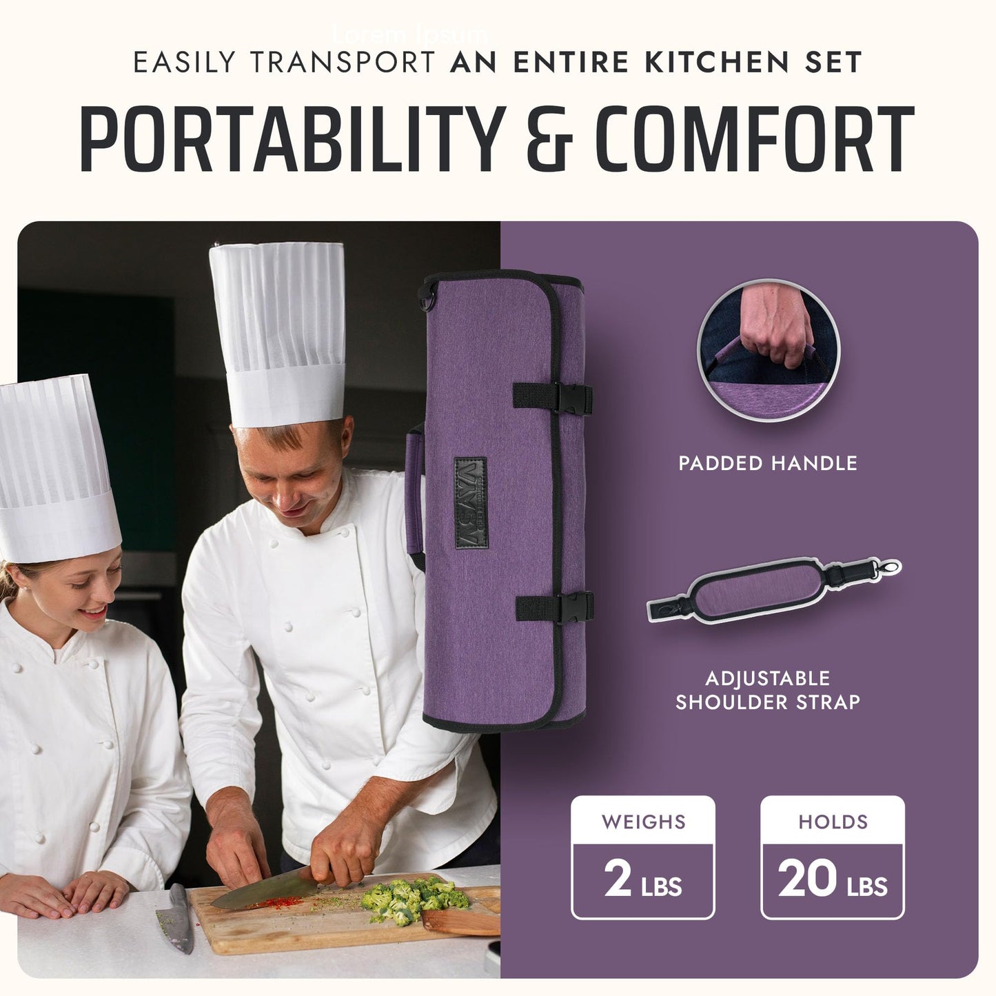 Asaya Waxed Nylon Chef Knife Roll Bag with 20 Slots and Zippered Pockets - Professional Chef Knife Bag & Storage Case, Tool Carrier with Shoulder Strap - Knives Not Included (Purple)