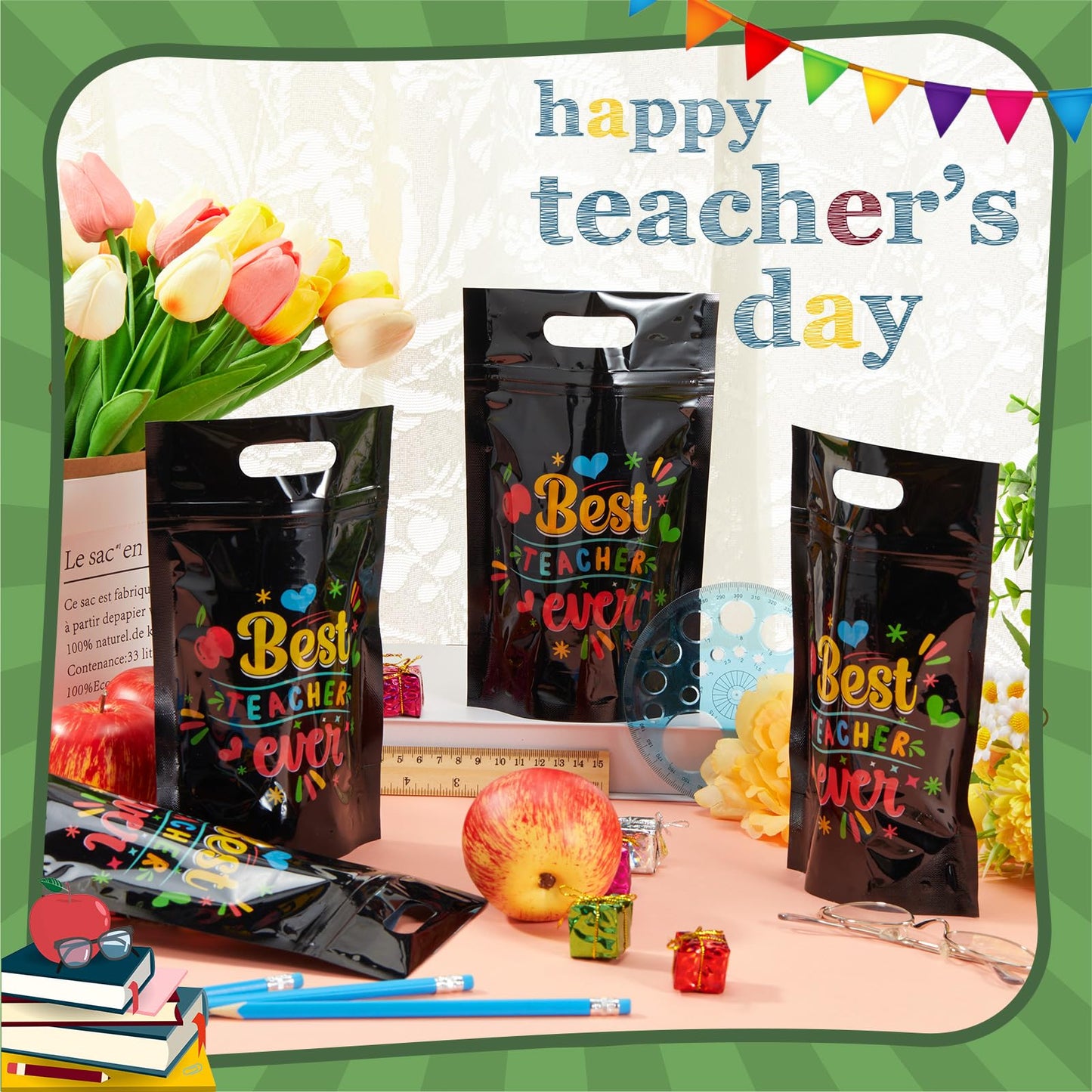 Engrowtic 50 Pcs Back to School Teacher Gift Bags Resealable First Day of School Teacher Treat Bag Bulk Thank You Goodie Pouches with Handles for Classroom Preschool Kindergarten Supplies