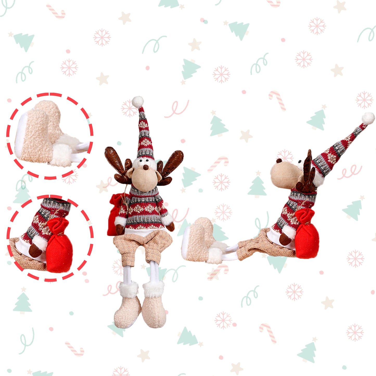 Dedrian11 23.6’’ Christmas Sitting Reindeer Shelf Sitter Decor, Long Dangling Legs, Poseable Wired Hat & Arms, Nordic Knit Sweater, Mantel Shelf Tabletop Ornament, Weighted Bottom