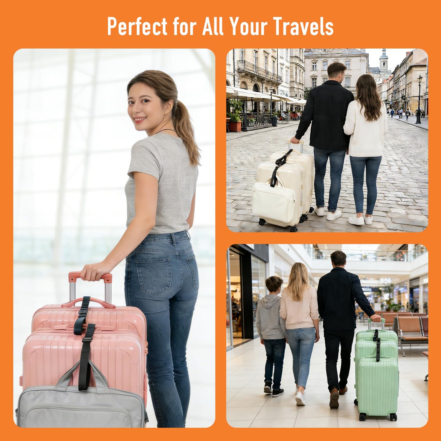 Aurosturt Luggage Straps 2-Pack, Suitcase Connector Straps to Connect 3 Luggage Bags, Heavy-Duty Nylon Webbing with Metal Buckles, Adjustable Travel Belt for Carry On or Checked Bags