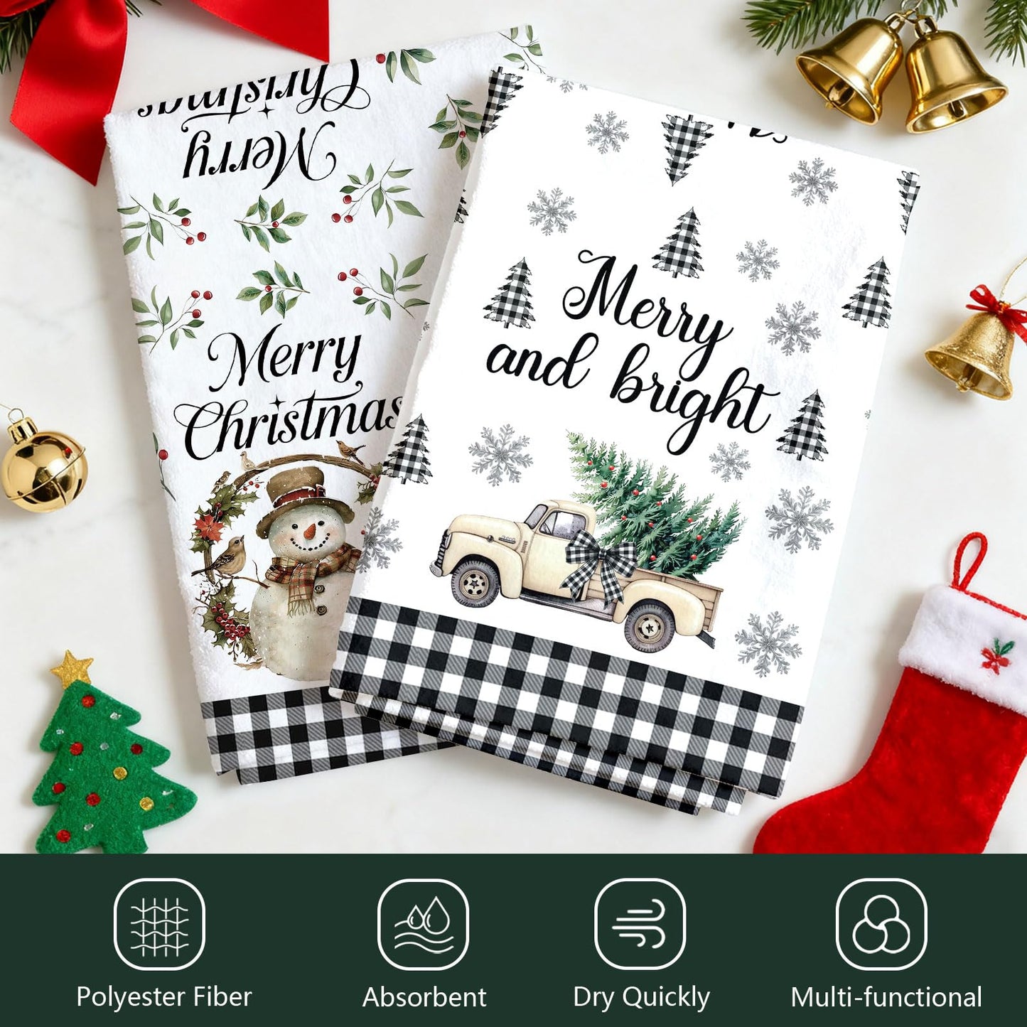 HEIFAM Green Xmas Christmas Kitchen Towels 6 Pcs, Christmas Hand Towel for Bathroom, Holiday Kitchen Towel, Snowman Tea Dish Towels, Snowflake Gloves Decor Gray Strips, Housewarming Gift, 17 X 26in