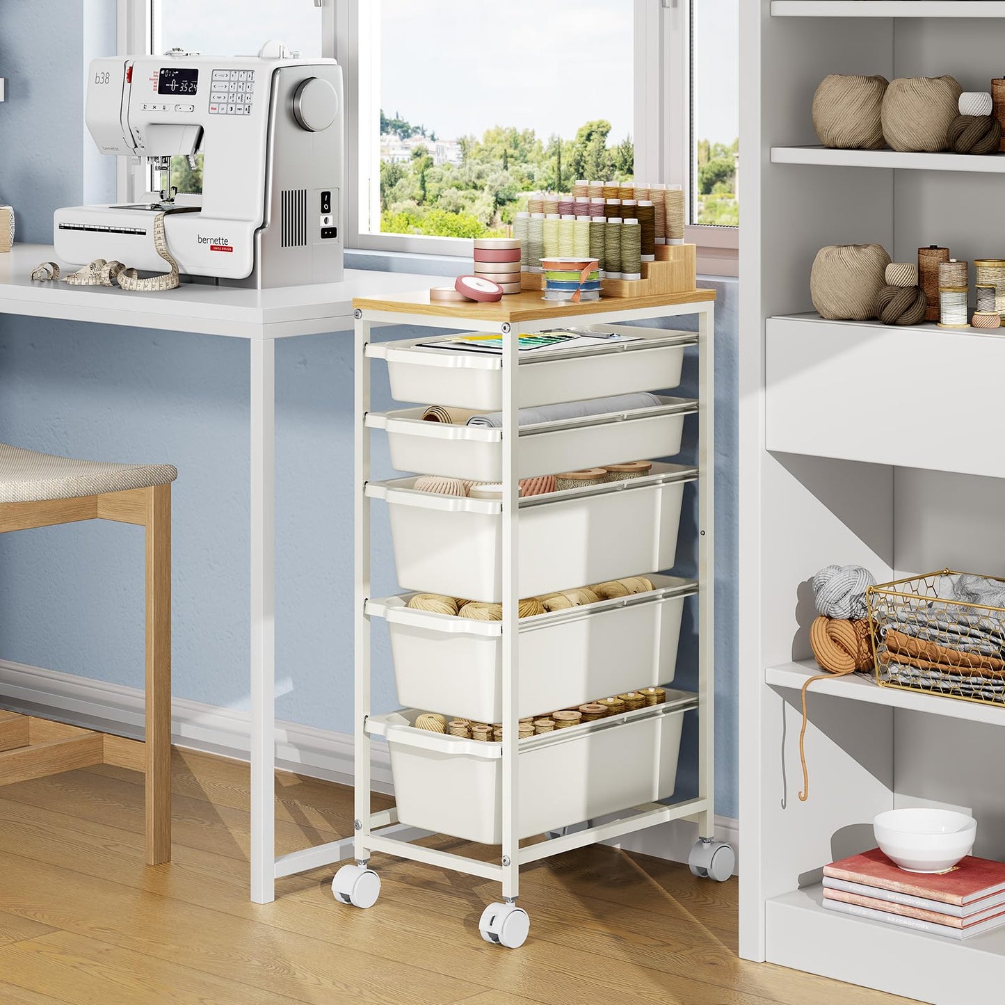 Rolling Storage Cart with 5 Drawers, Craft Organizer, Wooden Tabletop Utility Cart for Bedroom, Children's Room and Office Organization, Table Side Trolley with Lockable Wheels, White