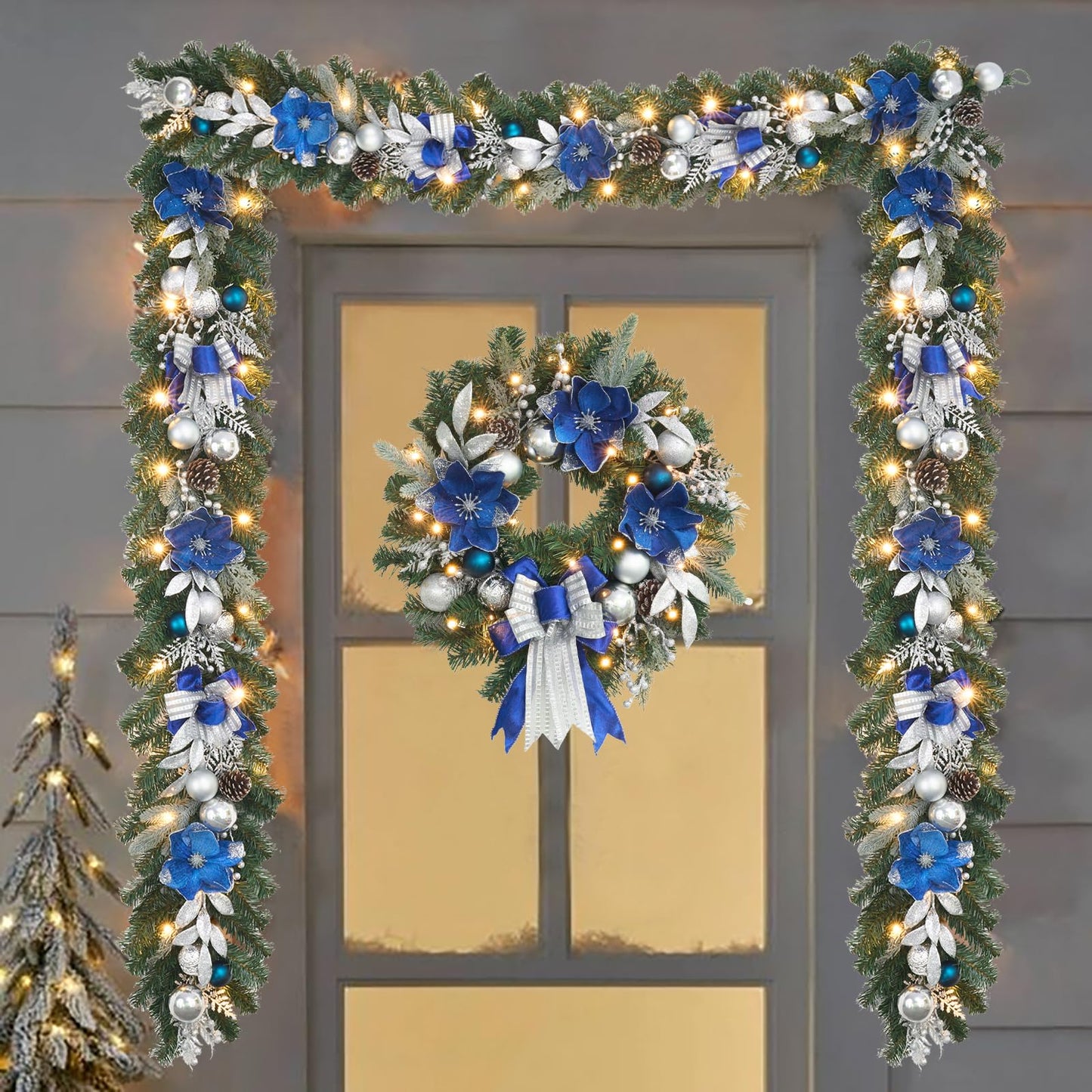 6ft Blue Silver Christmas Garland with Lights for Front Door,Lighted Winter Mantle,Fireplace and Stairs Decor- 20 Timer LED,prelit Magnolia Garland with Sparkle Ornament,Blue Floral Decor