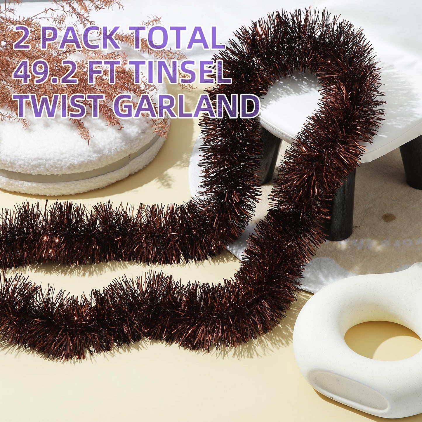 Ohiyoo 50 Feet Brown Tinsel Garland Christmas Foil Tinsel Garland Decoration Metallic Hanging Streamers for Christmas Tree Birthday Party New Year Party Supply (3.54" x 50', Brown)