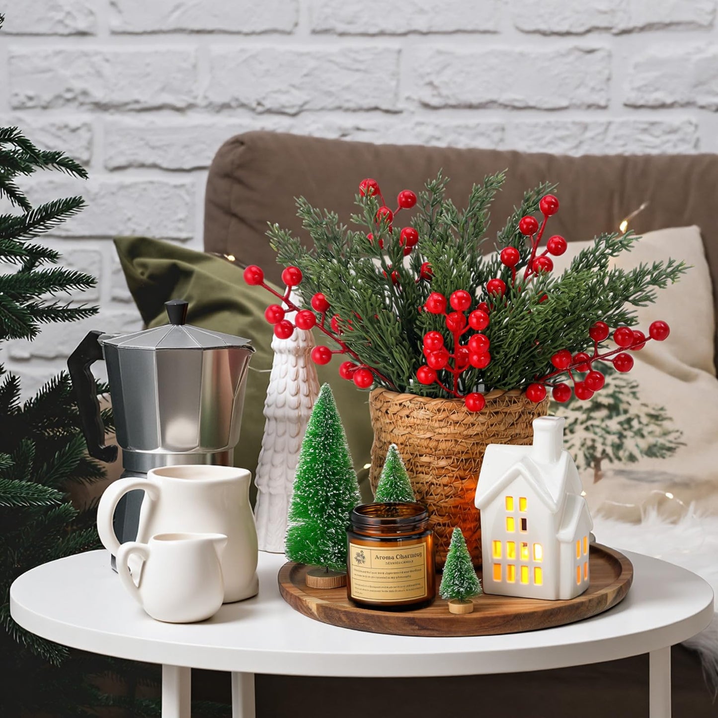 Pinkunn 25 Pcs Christmas Tray Decor Table Centerpieces with Round Wood Tray Scented Candles Ceramic Village House Mini Xmas Trees Pine Leaves Red Berries Rattan Flower Pot Xmas Decorative Set for Home