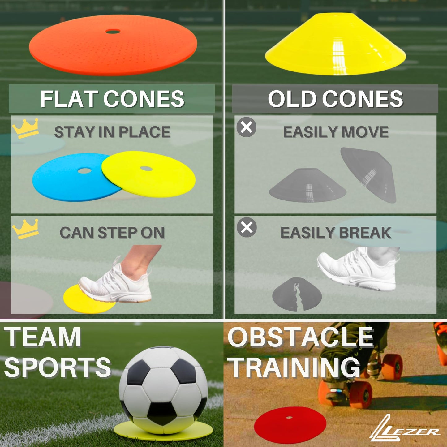 LEZER 9 Inch Flat Cones, Spot Markers, Soccer Cones, Field Court Markers, Sit Spots, Flat Discs, Soccer Training Equipment, Agility Practice, Football, Made in Taiwan, Set of 24