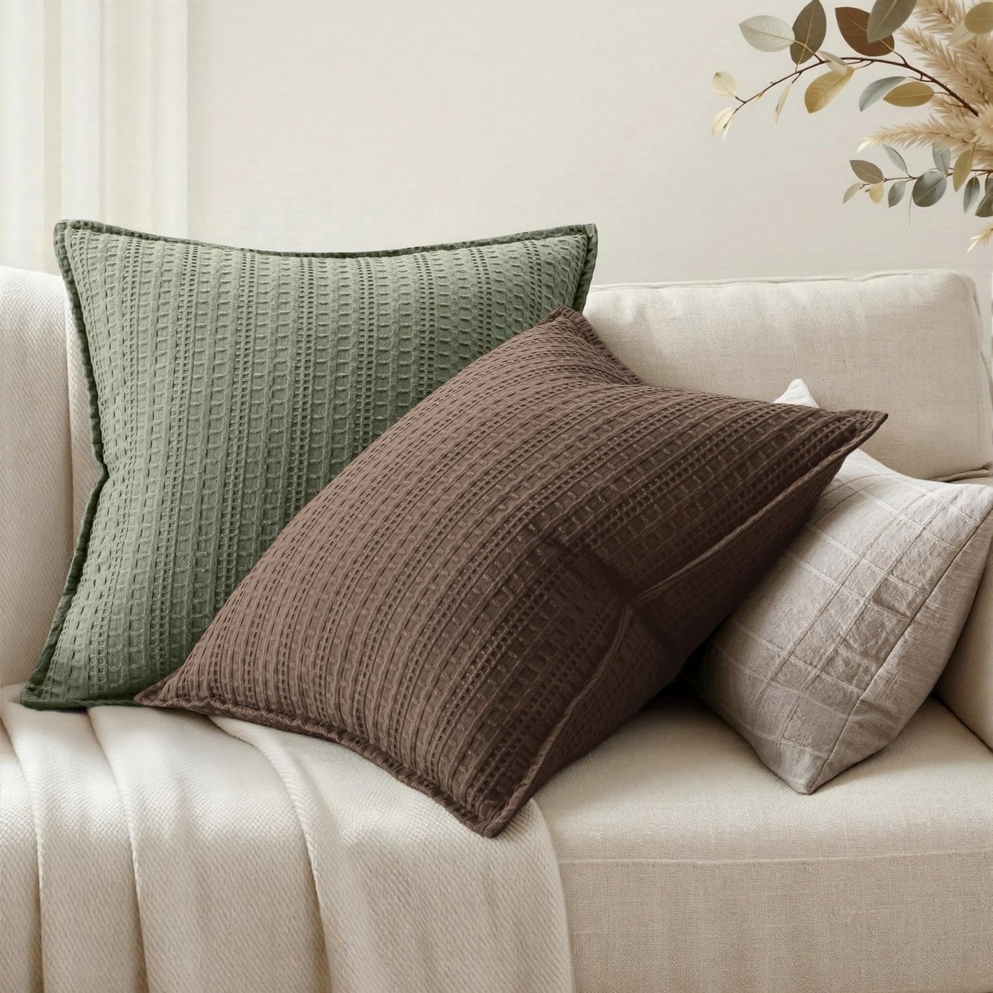Woaboy Set of 2 Decorative 100% Cotton Waffle Throw Pillow Covers 18x18, Neutral Euro Shams Weave European Cushion Cases for Couch Sofa Bed Modern Farmhouse Home Decor, Reddish Brown