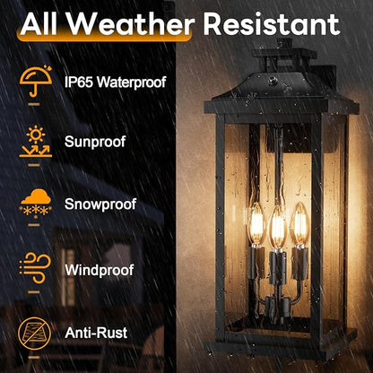 20" Large Dusk to Dawn Exterior Wall Light Fixture 3-Light, Black Outdoor Porch Lantern Wall Mounted, Waterproof Modern Outside Wall Sconce Garage Patio Coach Lamp for House, E12
