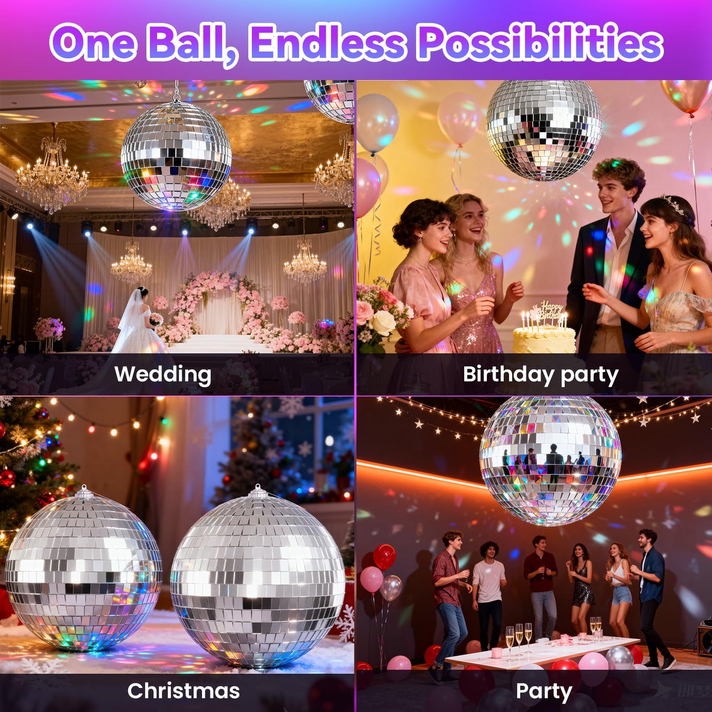 Youdepot Disco Ball 4" Inch 2-Pack,Silver Hanging Ball with Attached String for Ring,Reflects Light,Fun Party Home Bands Decorations,Party Favor.