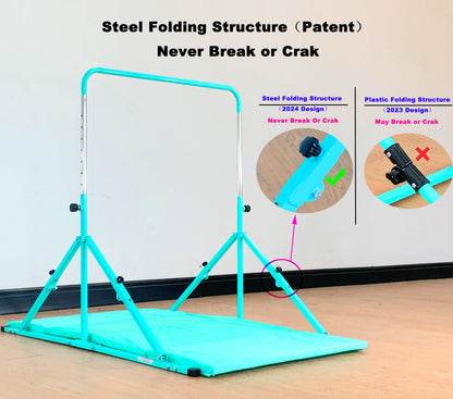 MARFULA Foldable Gymnastic Bar for Kids Ages 3-12, 9 Height Levels, 200 lbs Weight Capacity, 5 Ft Length Gymnastic Kip Bar with Mat, Gymnastic Equipment for Home and Gym Center Indoor Outdoor Use