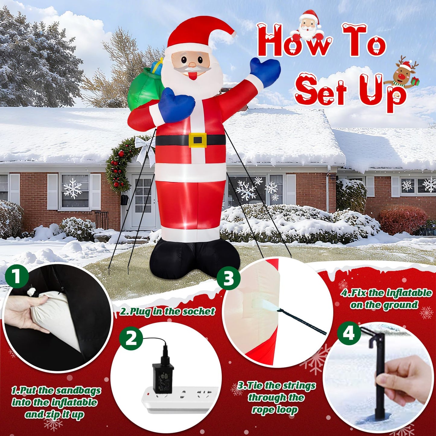 B&D 12FT Giant Christmas Inflatables Santa Claus Outdoor Decorations Built-in LED Lights, Christmas Blow Up Santa Yard Decorations with Gift Bag Inflatable Xmas Decorations for Yard Garden Lawn
