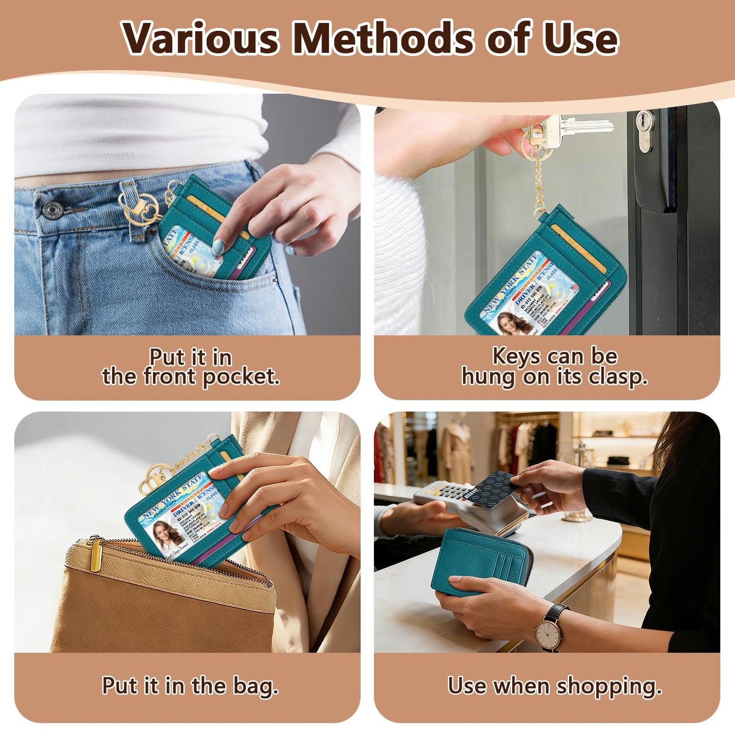 GIANCOMICS Slim Wallet Credit Card Holder Women, Peacock Blue Rfid Blocking Small Card Case, Keychain Thin Pocket Curved Zipper Wallet, Travel Card Holder PU Leather ID Window, Ladies Female Gifts