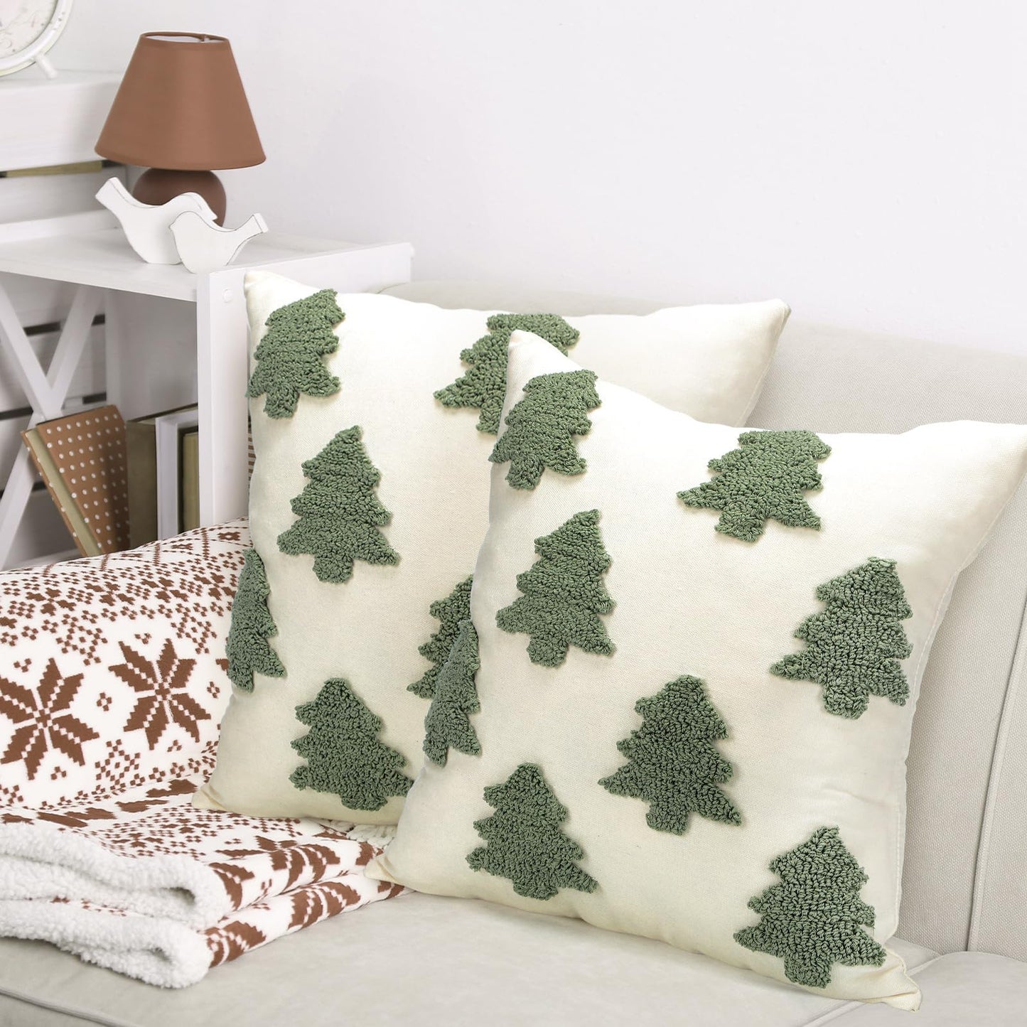 Mixweer 2 Pcs Christmas Pillow Covers 18x18 Inch Neutral Christmas Tree Embroidery Throw Pillow Covers Decorative Throw Cushion Case for Xmas Winter Holiday Decoration (White)
