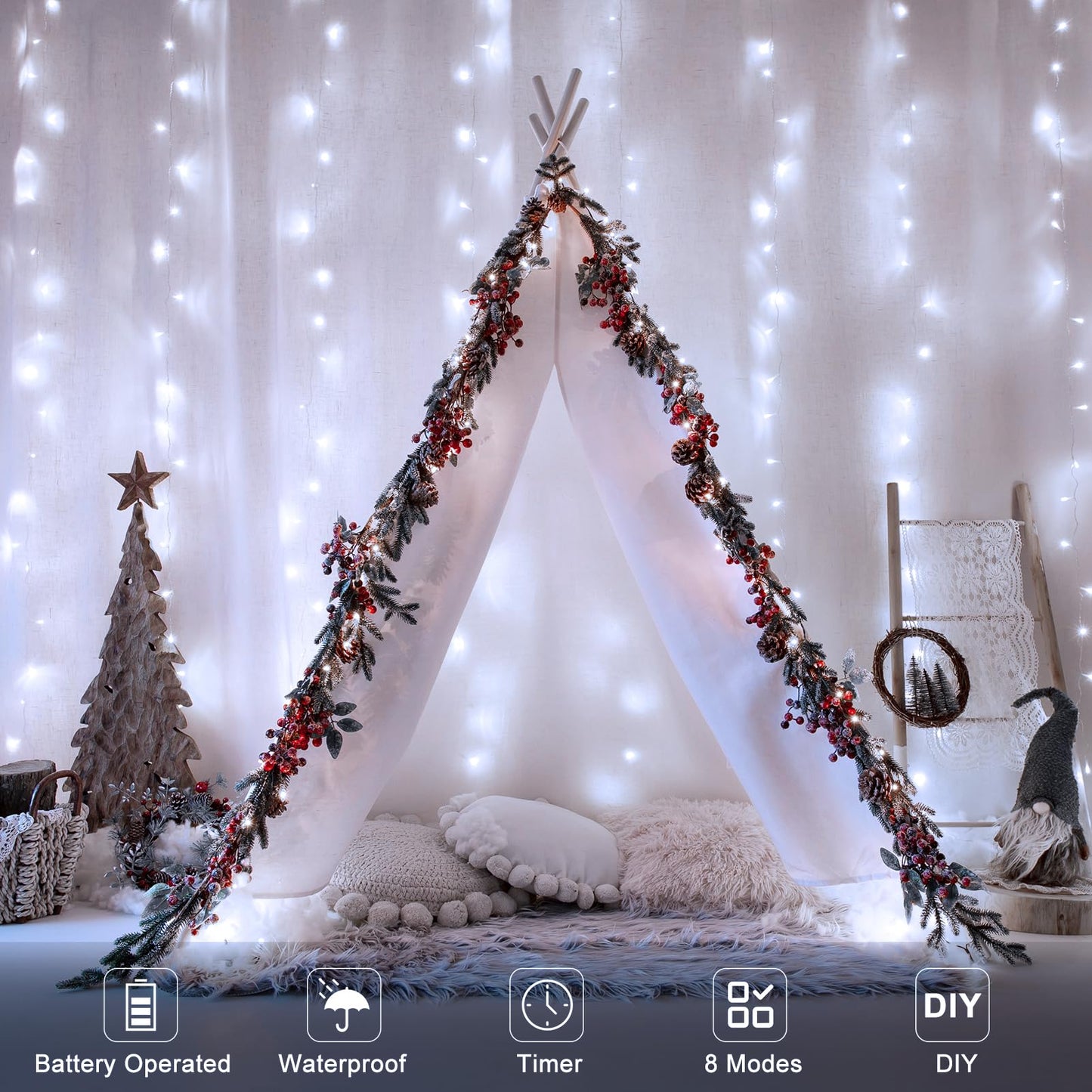 echosari Curtain Lights Battery Operated, 9.8Ft x 9.8ft 300 LED Curtain String Light with Remote Timer 8 Modes Hanging Lights for Wedding Party Home Garden Wall Decor (Cool White)