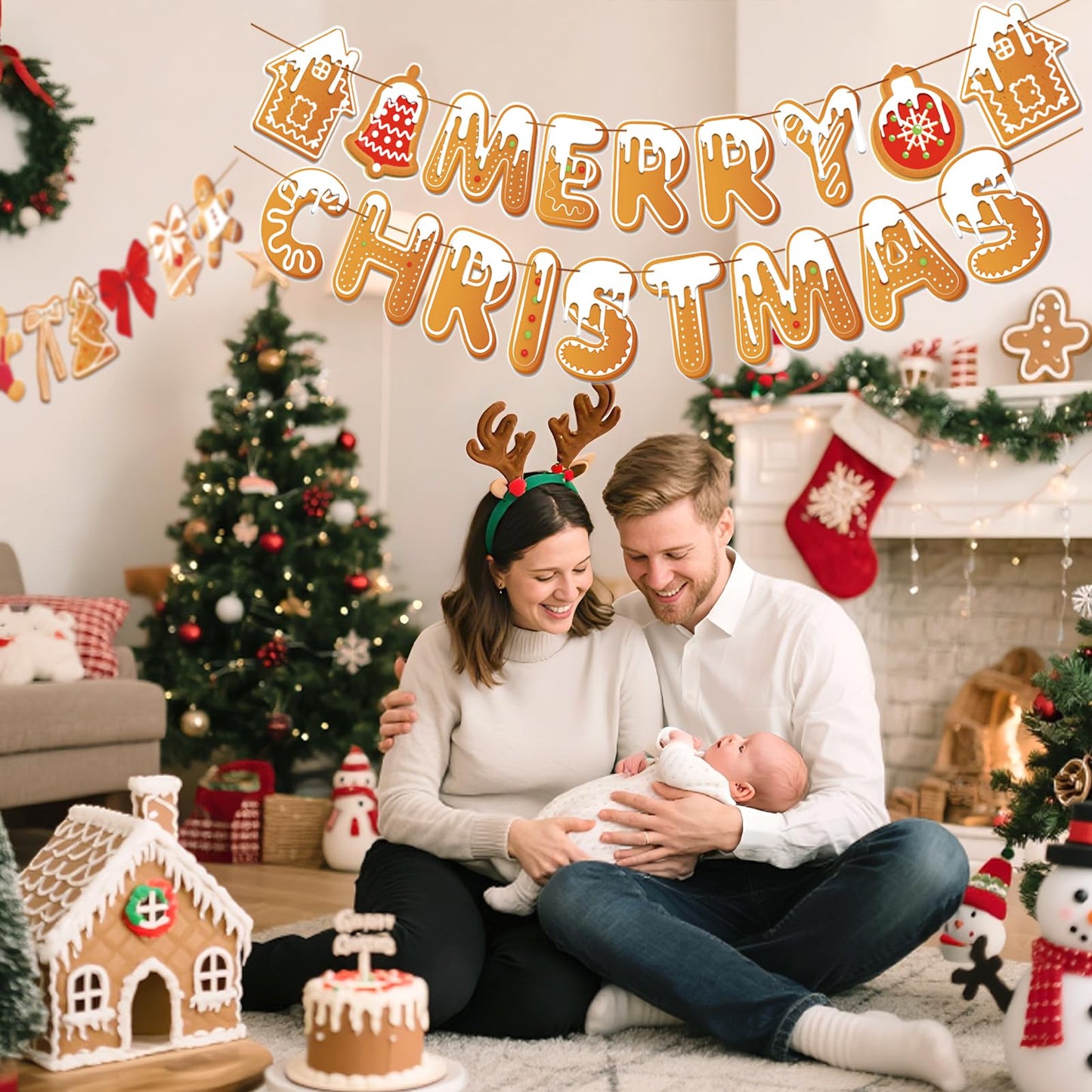 PAPER JAZZ Gingerbread Christmas Decoration Merry Christmas Banner,3 Pcs Gingerbread Christmas Garland,Xmas Backdrop Cute Hanging Decor for Wall, Tree, Door, Yard, Home, Office, Indoor Outdoor.