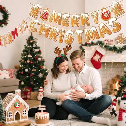 PAPER JAZZ Gingerbread Christmas Decoration Merry Christmas Banner,3 Pcs Gingerbread Christmas Garland,Xmas Backdrop Cute Hanging Decor for Wall, Tree, Door, Yard, Home, Office, Indoor Outdoor.