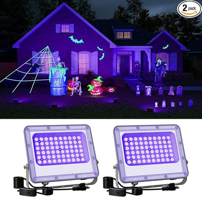 2 Pack 50W Halloween Blacklight Flood Lights Wired 120V IP66 Waterproof UV Led Black Light Use to Outdoor or Indoor for Landscape Decoration, Skeleton, Spider Web, Ghost, Tombstone, Body Paint, Party