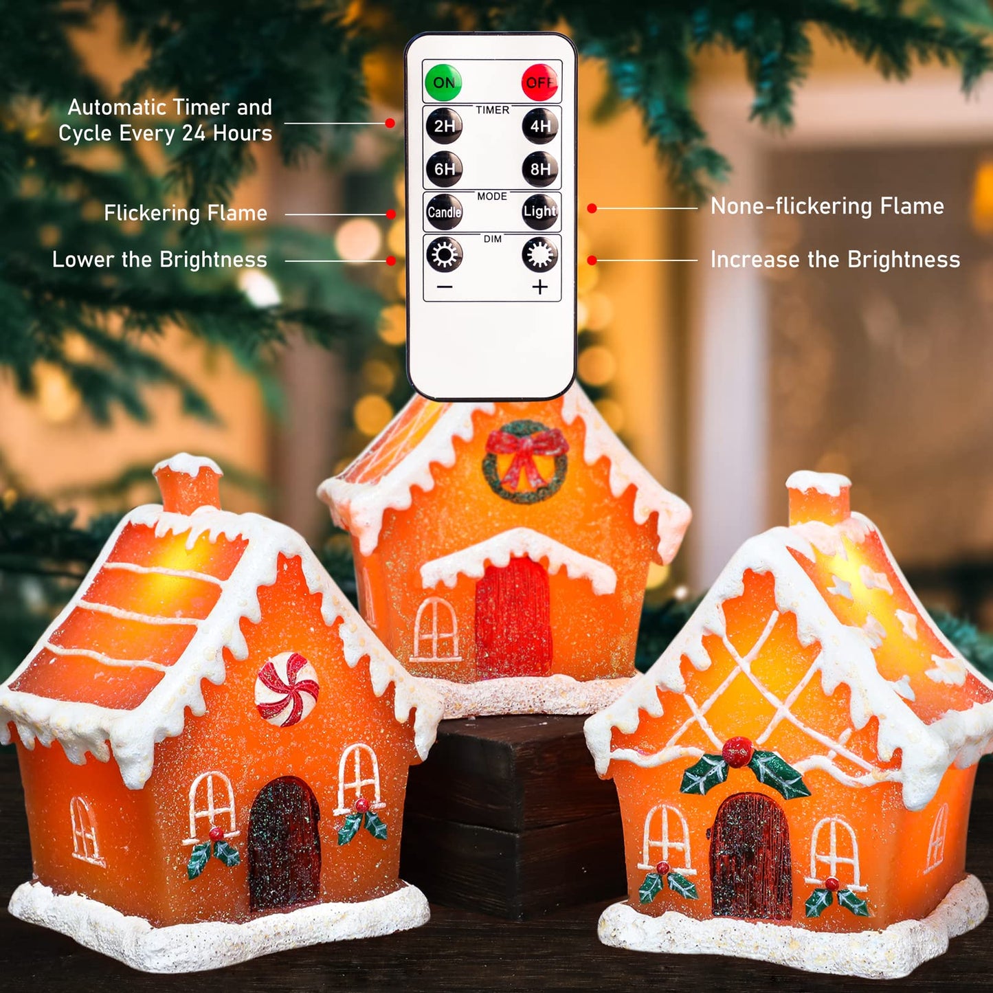 Christmas Gingerbread House Tabletop Decoration Lighted Christmas Village House Real Wax Battery Operated with Remote Flickering LED Light Christmas Village Decor for Mantel Desk Table Centerpiece