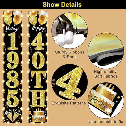 40th Birthday Party Banner Lighted Decorations for Men Women - Black Gold Vintage 1985 40th Birthday Decorations Door Banners with LED Light, Forty Years Birthday Party Supplies for Indoor Outdoor Decor