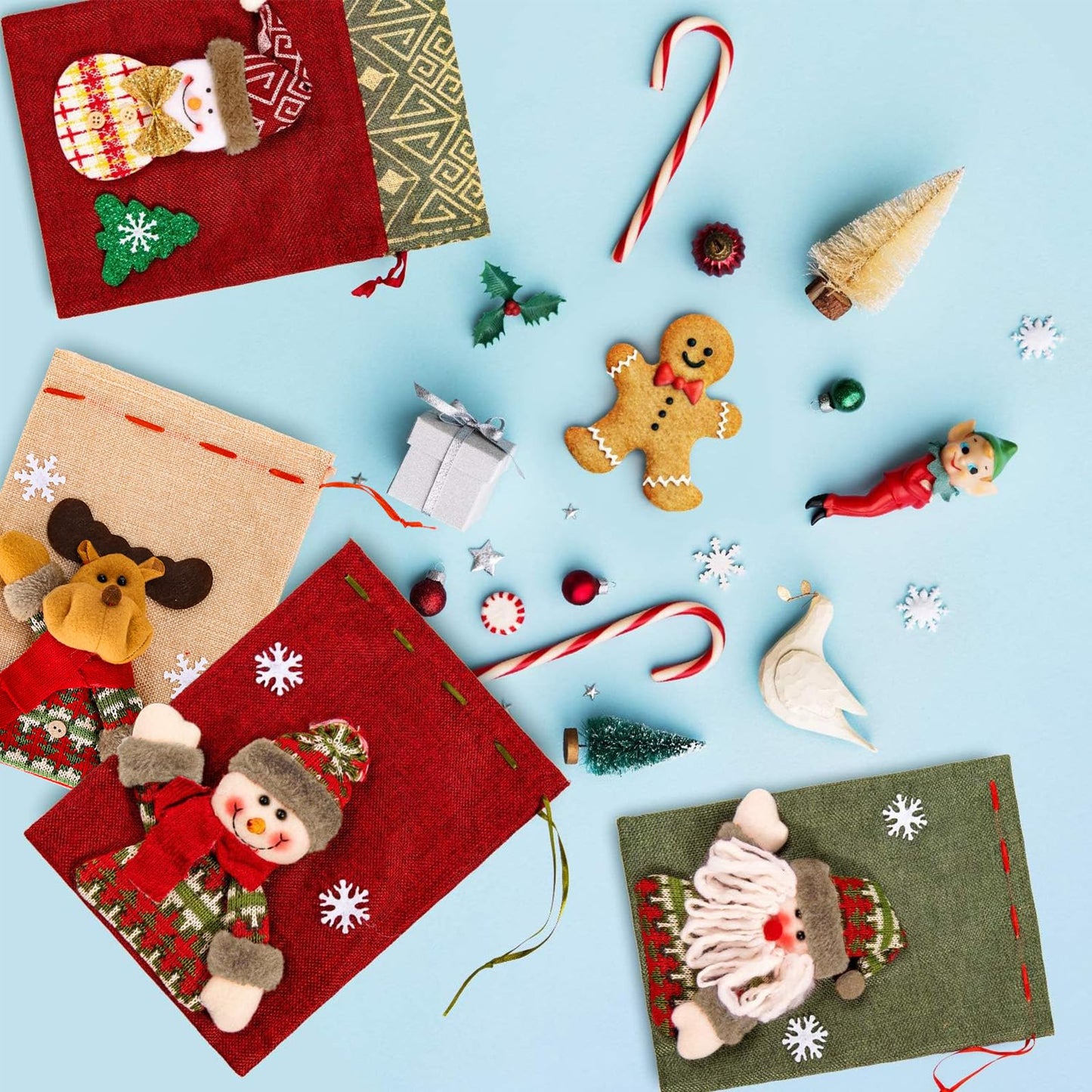 Whaline Drawstring Christmas Doll Bags 3D Xmas Gift Bags Snowman Red Treat Pouch Bag Sack Stockings Party Favor Bag 8 x 11in, 8 x 12in (5 Pack)
