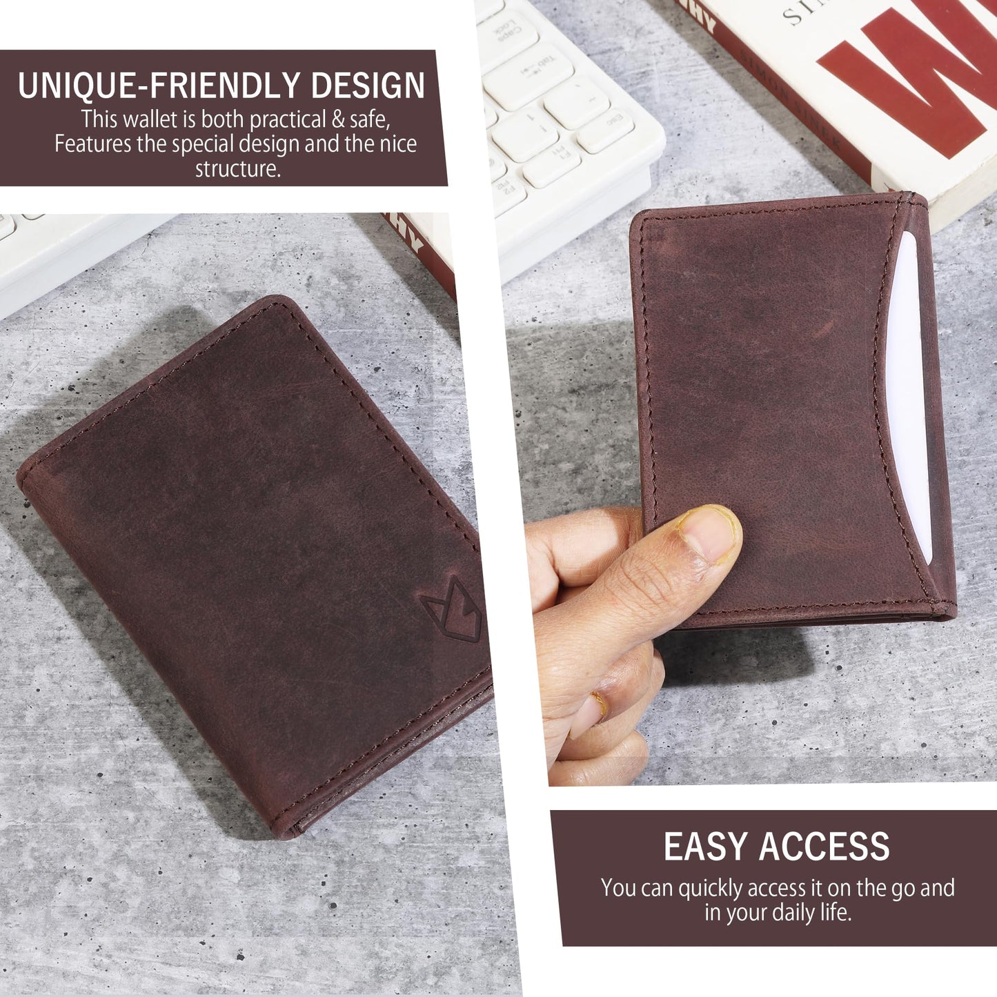 FOXHACKLE Full Grain Leather Credit Card Holder For Men and Women, Small RFID Blocking Bifold Wallet (With ID Slot, Hunter Coffee Brown)
