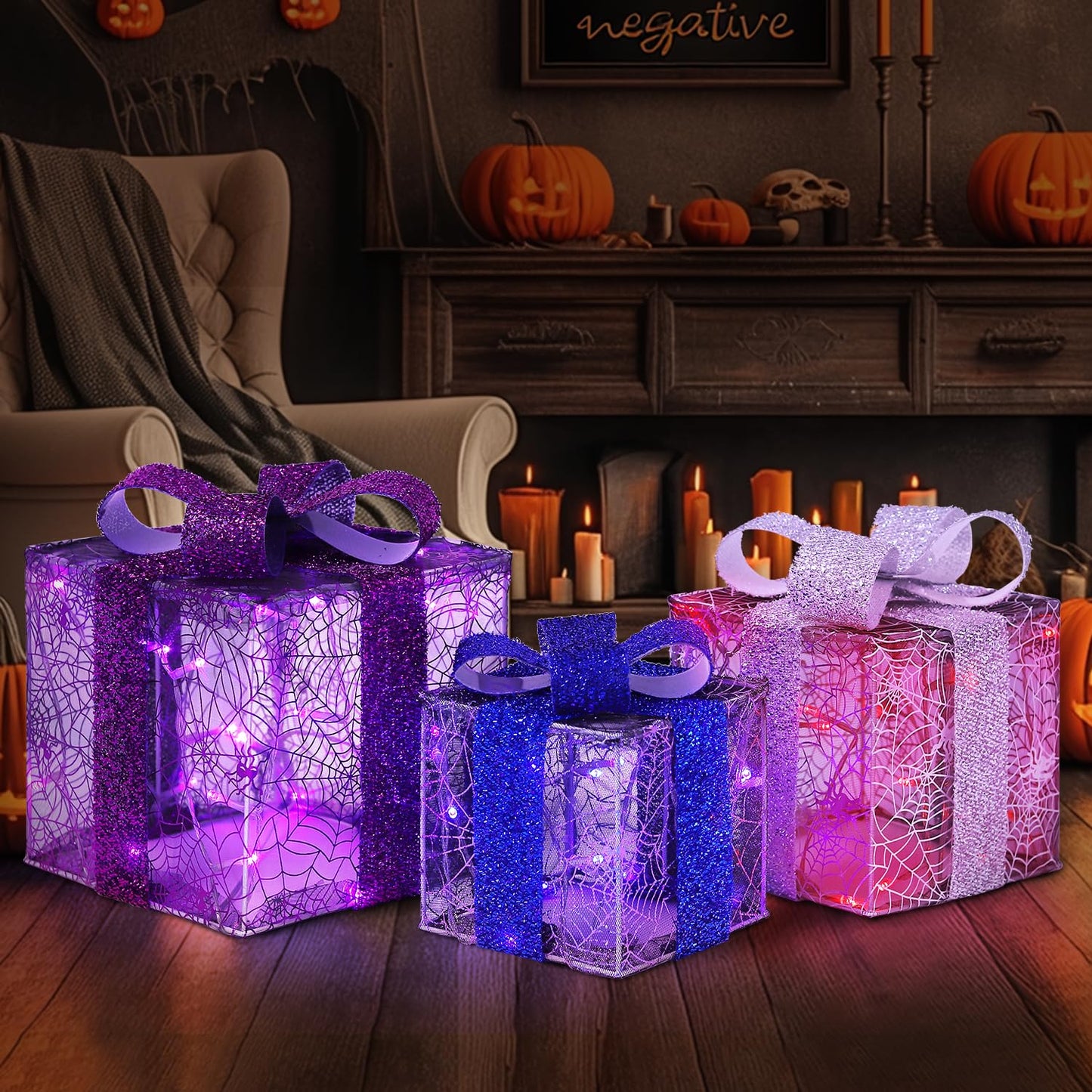 DomKom Set of 3 Halloween Christmas Lighted Gift Boxes Decorations, Plug-in 60 LEDs Metal Frame Present Box, Light Up Xmas Tree Skirt Ornament Decor for Yard Patio Lawn Party