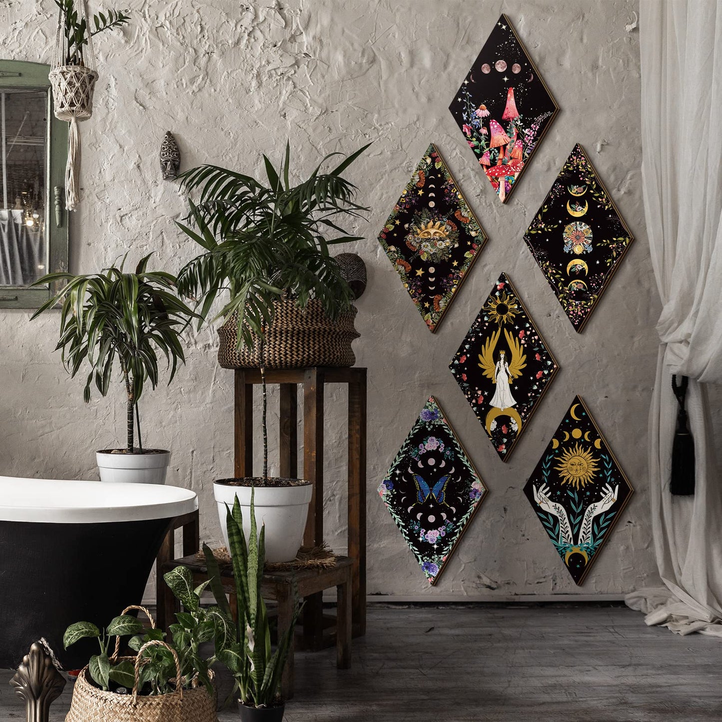 Qunclay 6 Pcs Witchy Gothic Wall Decor, Rustic Boho Moon Phase Sun Mushroom Star Hanging Wooden Ornament for Bedroom Living Room Gallery, Celestial Goth Home Decoration Farmhouse Pediments(Moon Sun)