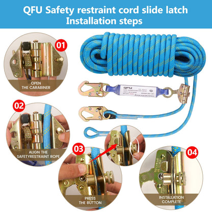 QFU 25 50 100FT Fall Protection Safety Rope - Heavy Duty Vertical Roof and Tree Climbing Rope, equipped with alloy steel clips, shock-absorbing rope, safety harness, ANSI certified