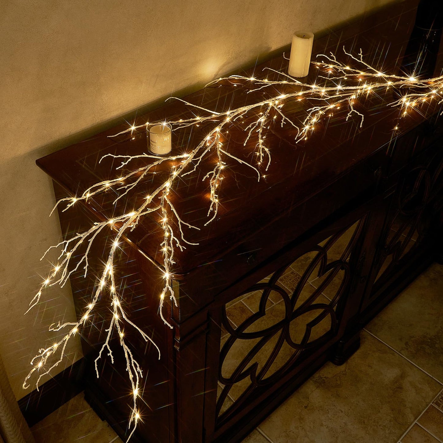 LITBLOOM Birch Garland with Lights 6FT 120 Fairy Lights Plug in, Lighted White Twig Vine Garland for Home Mantle Wall Christmas Decoration Inside Outside