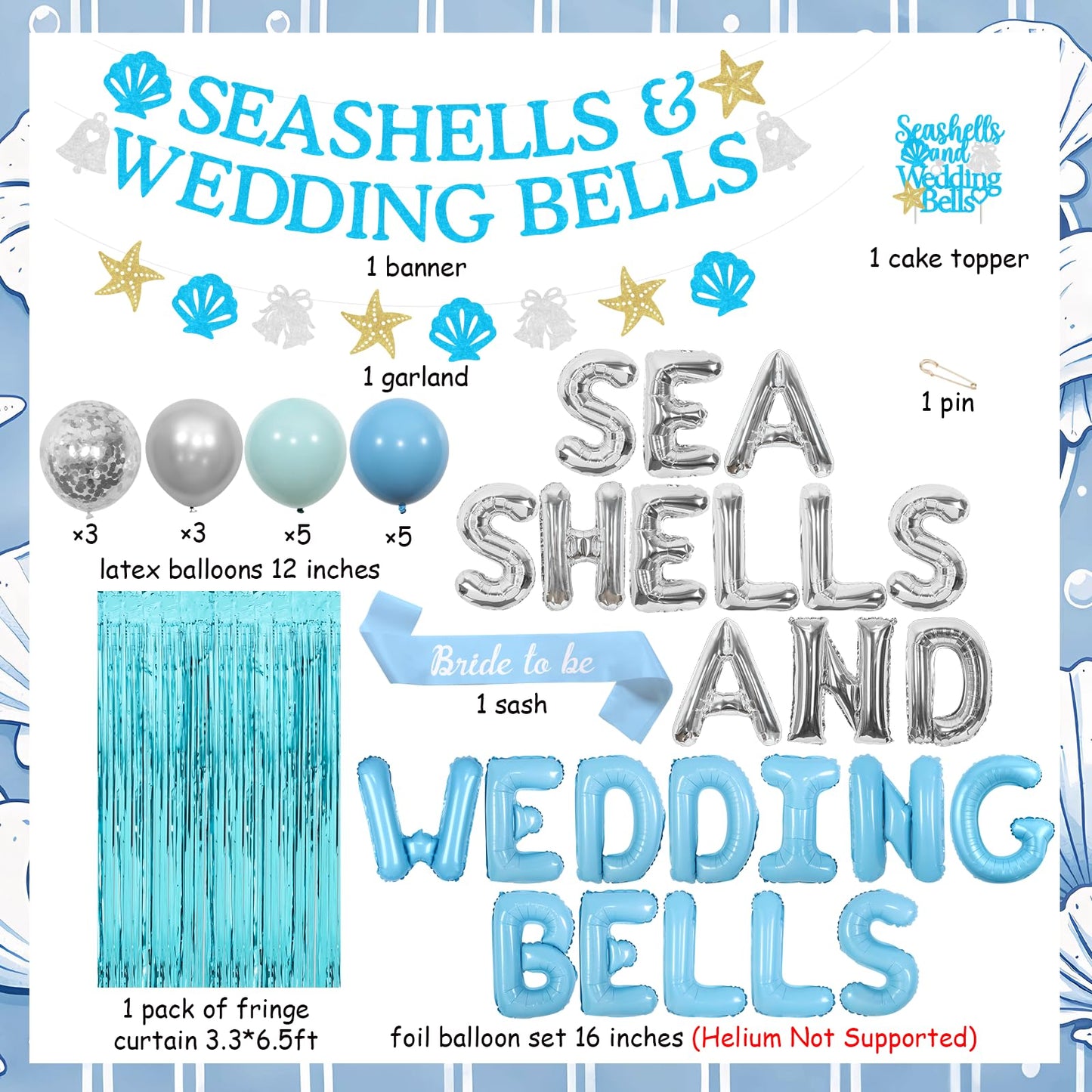 Fangleland Seashells and Wedding Bells Bachelorette Decorations, Blue Beach Theme Banner Garland Cake Topper Sash Fringe Curtain Balloons, Coastal Bridal Shower Engagement Party Supplies