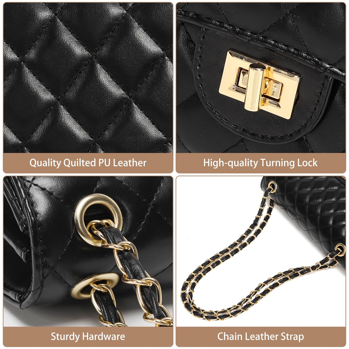 Quilted Crossbody Purse for Women Trendy Ladies Shoulder Bag with Chain Strap PU Leather Cross Body Bags Satchel HandBag,Black