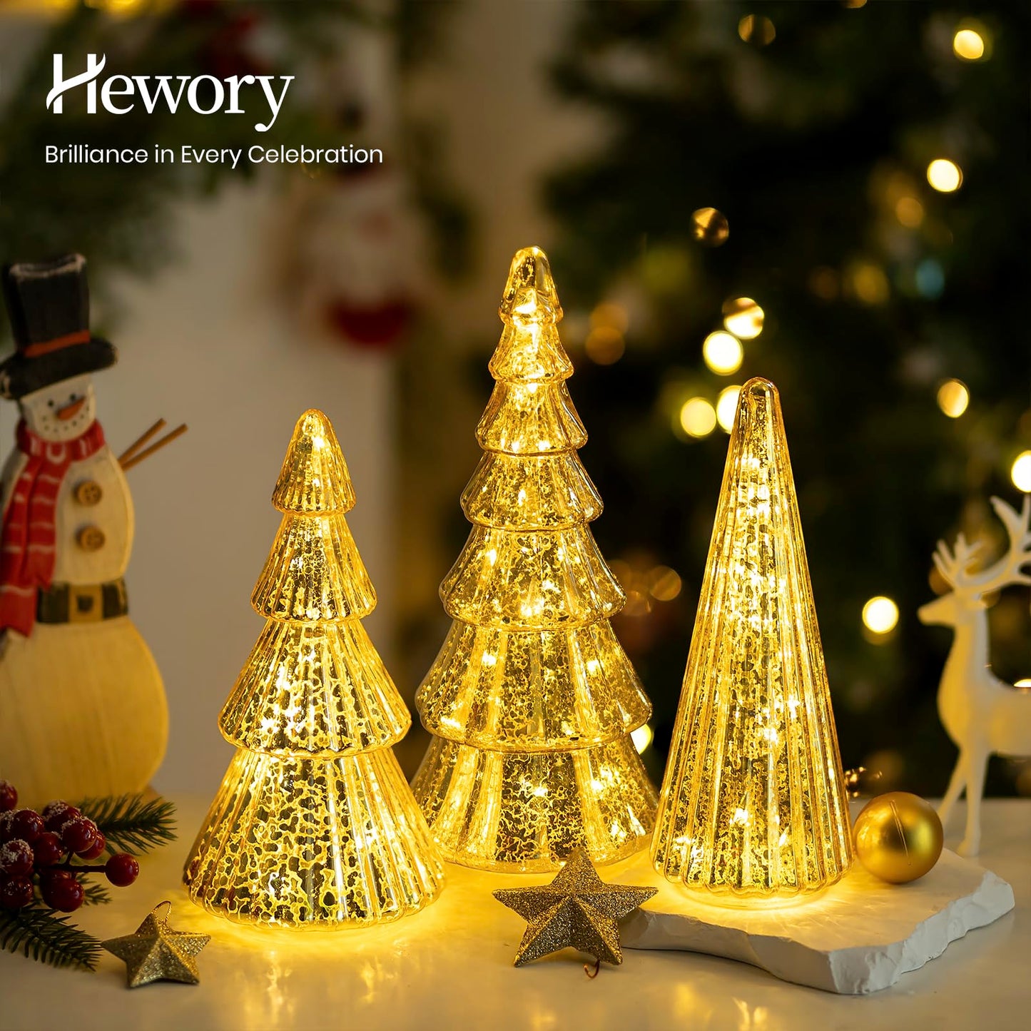 Hewory Mercury Glass Christmas Tree: Set of 3 Gold Table Top Christmas Ornaments Trees with LED Lights, Christmas Centerpiece Table Decorations Indoor for Dining Fireplace Mantel Winter Holiday Decor