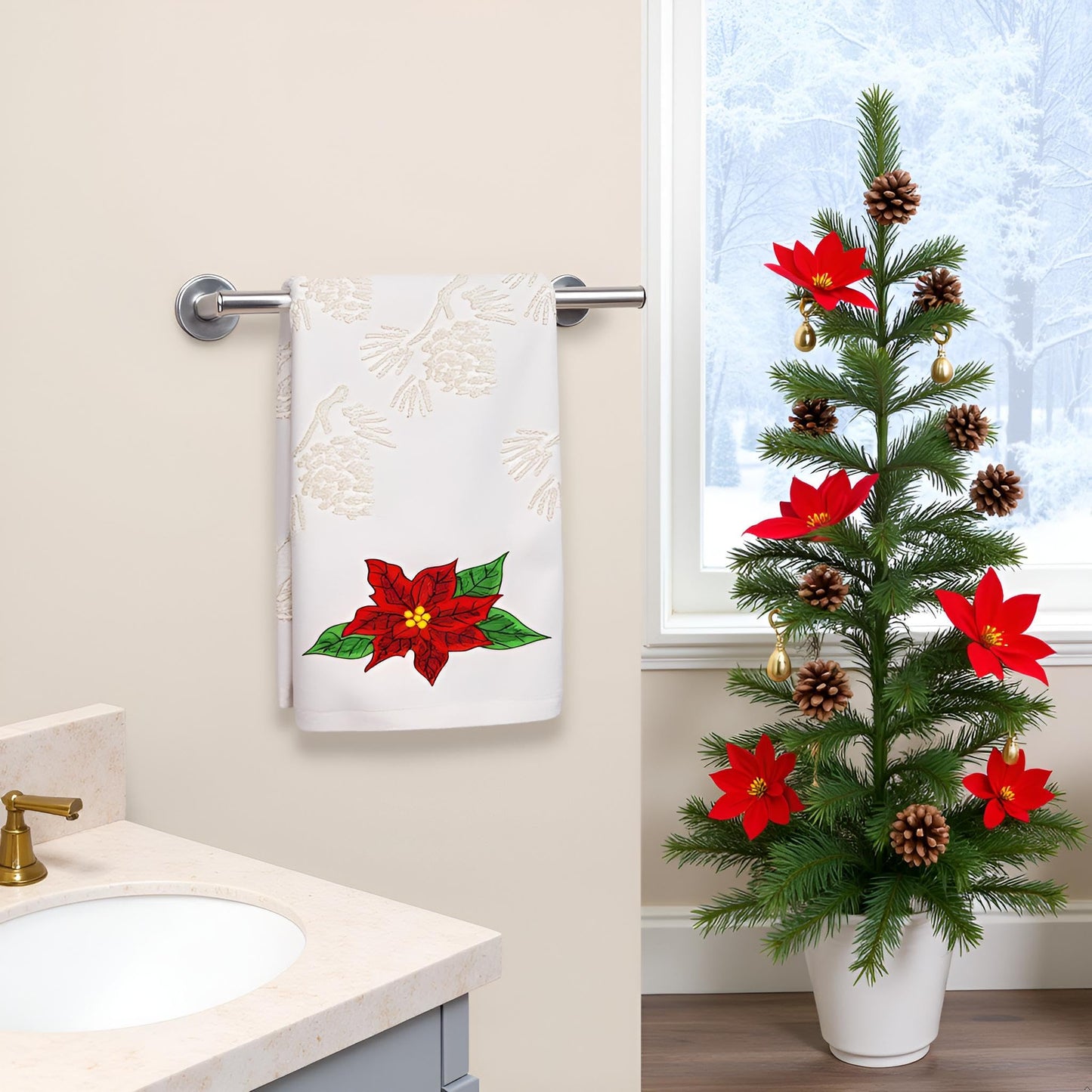 Xkdamai 2 Pack Christmas Hand Towels 100% Cotton Jacquard Pine Cone Embroidered Poinsettia Holiday Kitchen Dish Towels Retro Neutral Beige Bathroom Towels Set Gift Seasonal Xmas Winter Bathroom Decor