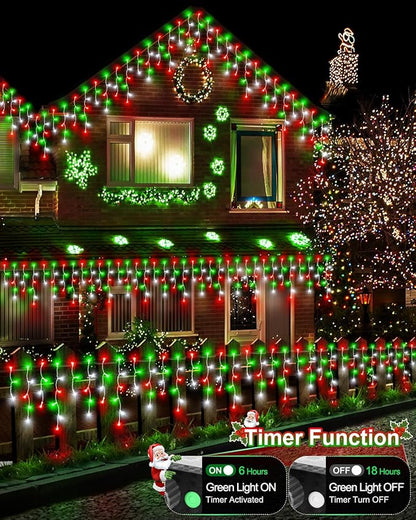 106 FT Christmas Lights Outdoor, 972 LED Waterproof Outside Christmas Lights Plug in, Connectable 8 Modes Hanging Fairy Lights with 216 Drops for House Eaves Yard Patio Decoration,Red Green and White