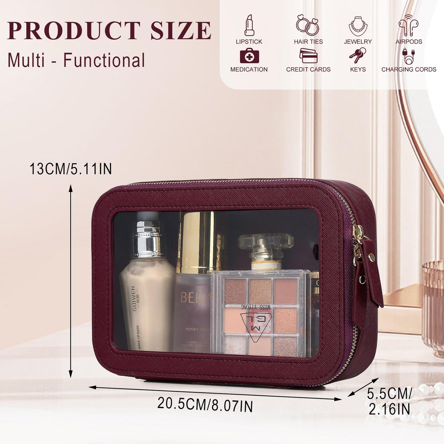 LOFOWN Clear Makeup Bag Small Cosmetic & Toiletry Bag Waterproof Travel Case Women's Pouch Organizer Makeup Bag for Car with Zipper (Burgundy, Small)